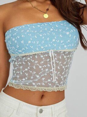 Blue Lace Bow Y2k Crop Tube Top Strapless S